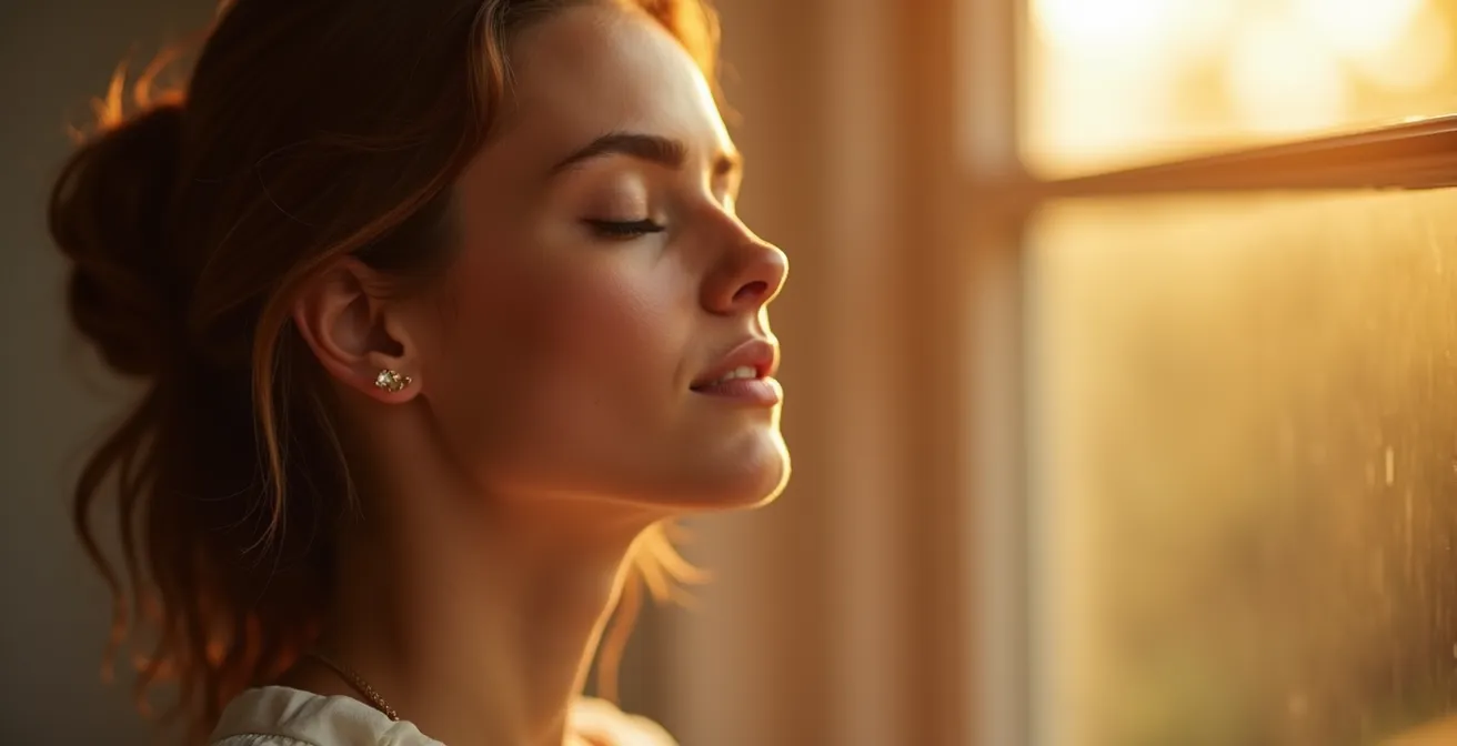 Visage féminin serein avec lumière douce montrant une peau équilibrée