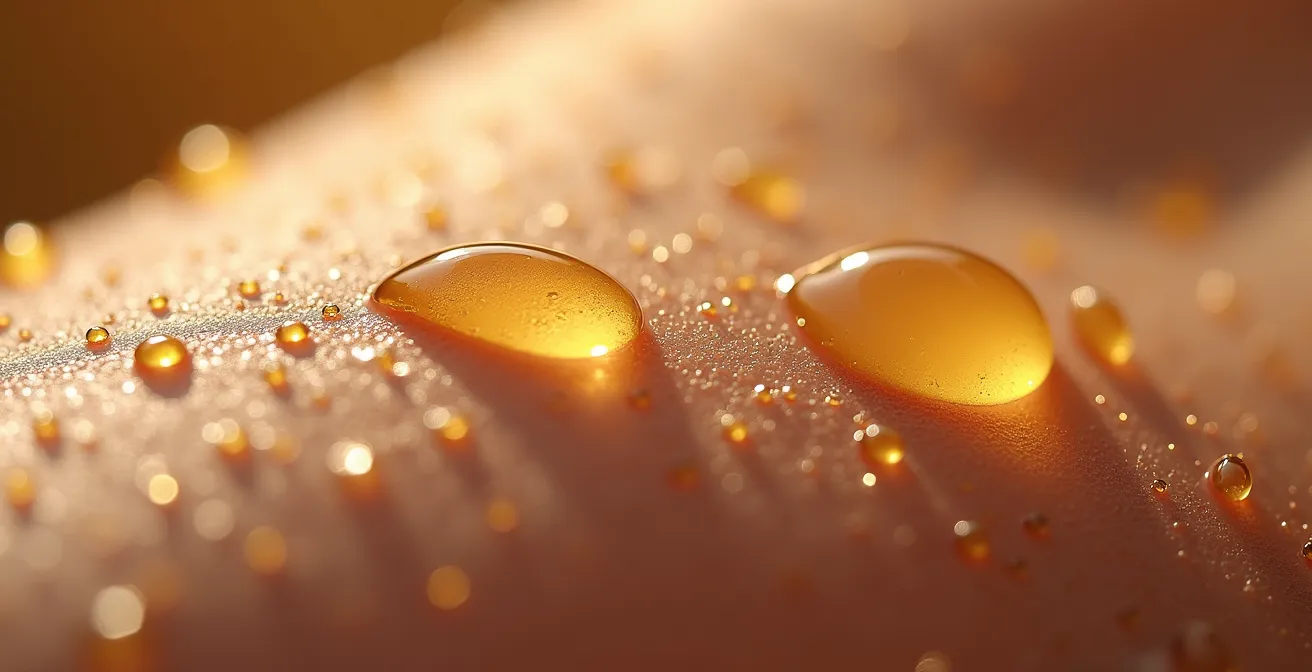 Détail macro d'une texture de peau apaisée avec des gouttelettes d'huile dorée