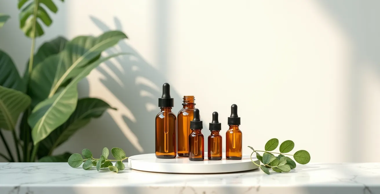 Composition minimaliste de flacons cosmétiques dans un environnement épuré avec plantes vertes