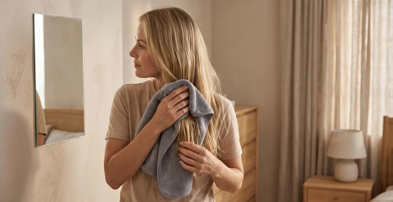 Une femme aux cheveux blonds essuie une mèche avec une serviette en microfibre devant un miroir de chambre.