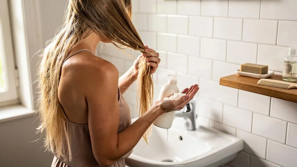 Une femme aux cheveux blonds verse du shampoing dans sa main au-dessus d'un lavabo de salle de bain lumineux.