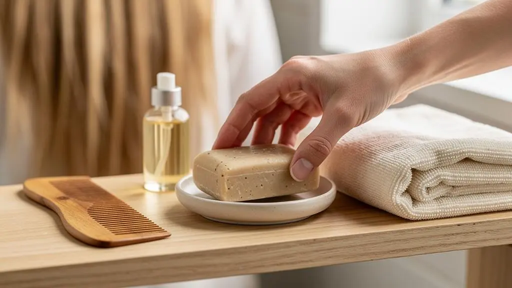 Une étagère de salle de bain présente un shampoing solide, un peigne en bois, une huile et une serviette en microfibre.